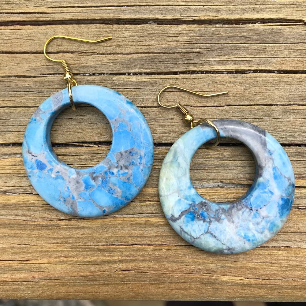 Artisan semiprecious blue agate hanging disc dangle earrings